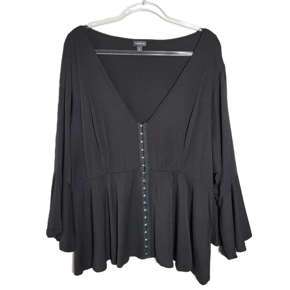 Torrid Black Hook & Eye Bell Sleeve Peplum Top‎ Plus Size 3 3X boho goth peasant